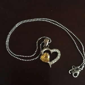 Silver Heart W/Yellow & White Crystal Necklace